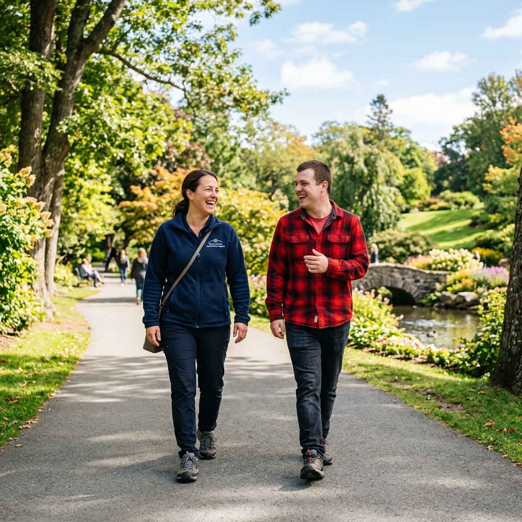 A support worker walking and laughing with a client in a beautiful public park