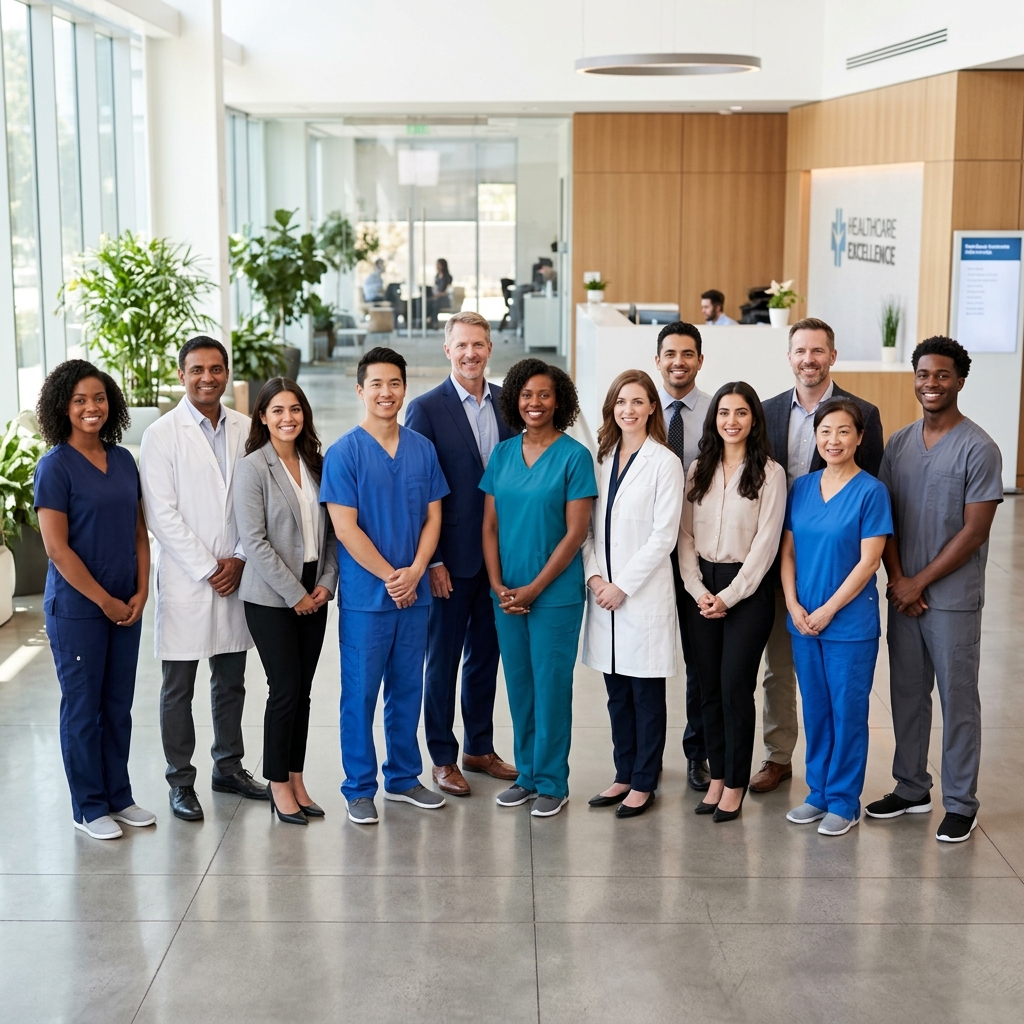 A diverse team of smiling care professionals collaborating in a bright, modern lobby