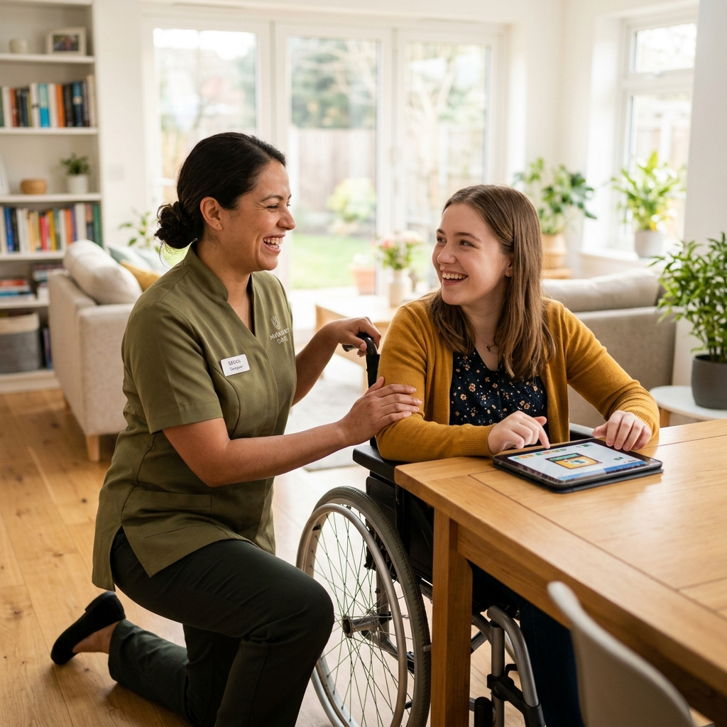 A smiling caregiver assists an individual with a tablet in a bright home setting